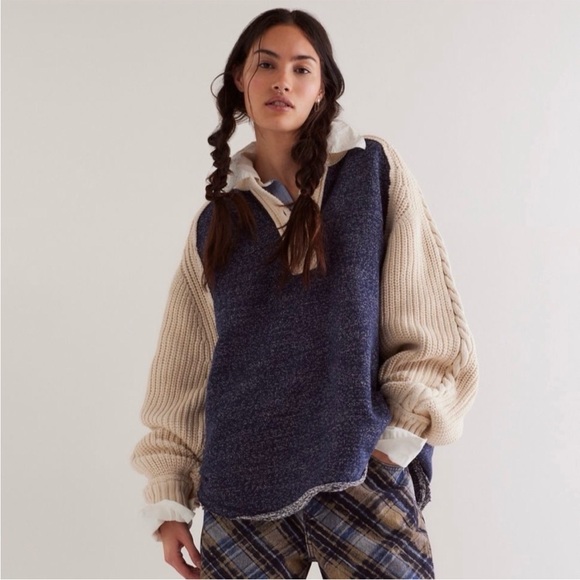 FREE PEOPLE WE THE FREE Marco Polo Sweater Pullover In Navy Combo MSRP $148 xs - Picture 1 of 10
